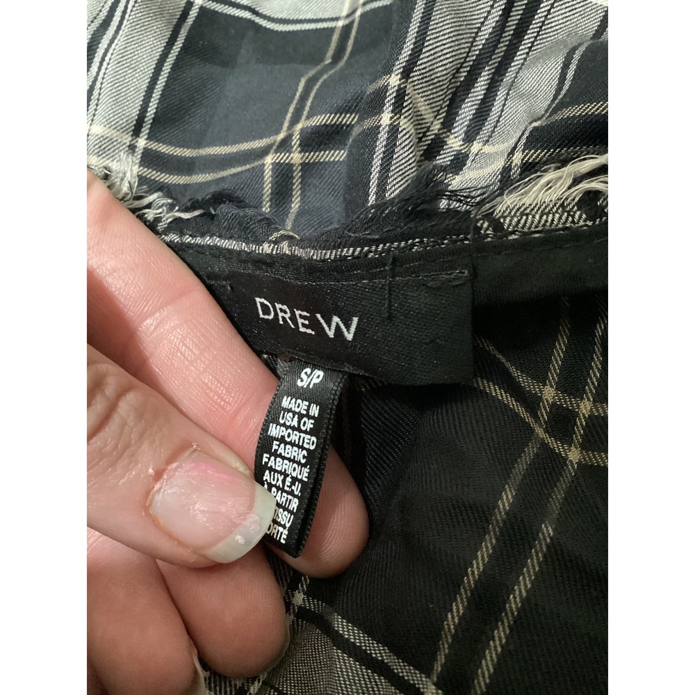 Drew Black White Plaid Tencel Frayed Edge Long Sleeve Blouse Top Small Keyhole - Picture 4 of 6